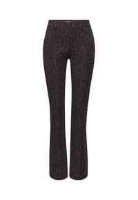 Leopardprint broek in een donkerbruine kleur, met een aansluitende taille, uitlopende pijpen, subtiele stikseldetails en knoopsluiting.