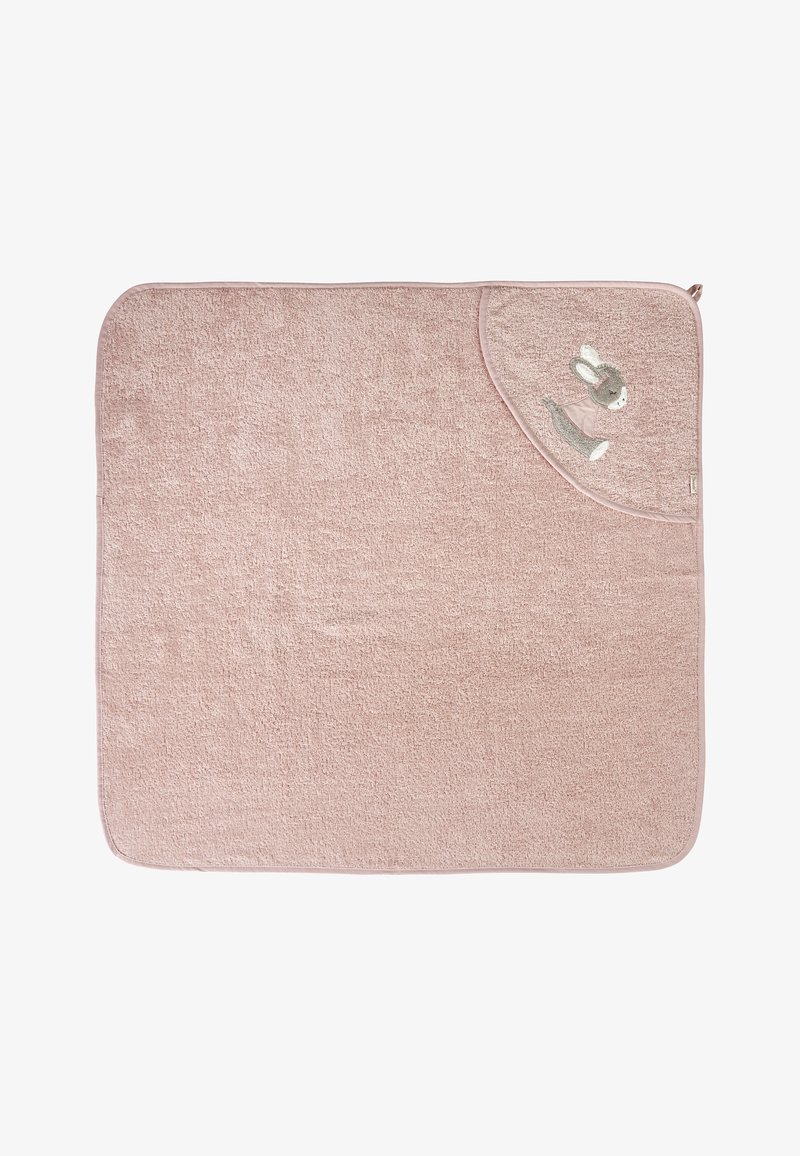 Pink towel with a soft texture, features a rounded corner, and a gray bunny embroidery detail on the edge.