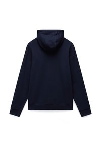 Marineblaue Kapuzenpullover mit weicher Textur. Verfügt über eine zentrale Naht auf der Rückseite, lange Ärmel sowie gerippte Bündchen und Saum.