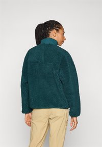 Giacca in fleece verde con una superficie texturizzata, colletto alto e vestibilità rilassata. Presenta maniche lunghe e un discreto dettaglio di cucitura sul retro.
