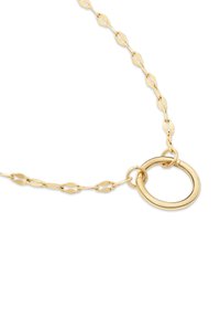 Goldkette mit einem länglichen Gliederdesign und einem polierten runden Ring als Mittelpunkt. Glatte Textur und glänzendes Finish.