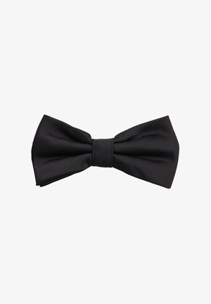 Black silk bow tie with a classic shape, featuring soft, smooth texture and a central knot. No patterns or embellishments.