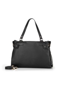 Borsa a tracolla in pelle nera con superficie testurizzata, due manici superiori e una tracolla rimovibile. Presenta dettagli in metallo color oro.