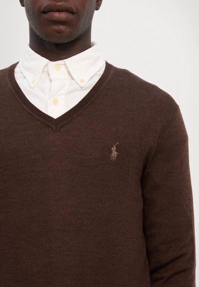 Polo Ralph Lauren SLIM FIT WASHABLE WOOL V-NECK JUMPER - Džemperis - cacao brown heather