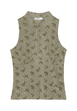 Top beige senza maniche con collo alto, chiusura con bottone a occhiello e piccolo motivo floreale e a pois verde oliva.