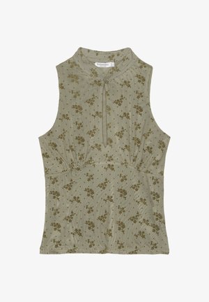 Top beige senza maniche con collo alto, chiusura con bottone a occhiello e piccolo motivo floreale e a pois verde oliva.
