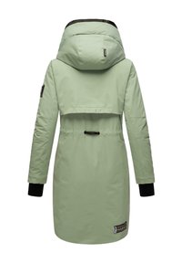 Mint green long parka with a hood, featuring a black trim, zippered pockets, and elastic drawstring at the waist. Smooth, water-resistant fabric.
