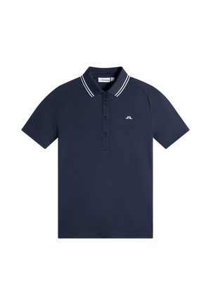 Navyblauw poloshirt met korte mouwen, voorzien van witte dubbele strepen op de kraag en knoopsluiting, en een klein wit logo op de linkerborst.