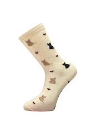 Knee-high sock in cream with a soft texture, patterned with small black and tan cats and red hearts. Represents casual wear.