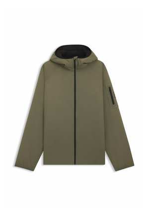 Oliivinvihreä hupullinen takki, jossa musta vetoketju, pitkät hihat ja vetoketjullinen tasku vasemmassa ylähihoissa, esitetty tasaisesti valkoisella taustalla.