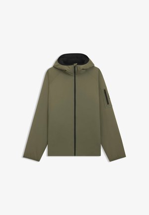 Oliivinvihreä hupullinen takki, jossa musta vetoketju, pitkät hihat ja vetoketjullinen tasku vasemmassa ylähihoissa, esitetty tasaisesti valkoisella taustalla.