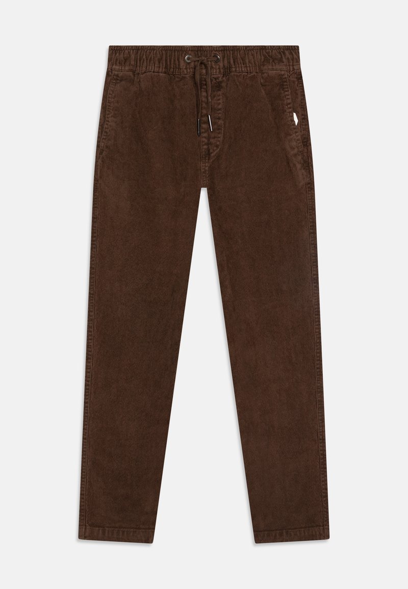 Bruine corduroy broek met een elastische tailleband, koordsluiting en zijzakken. De stof heeft een geribbelde textuur.