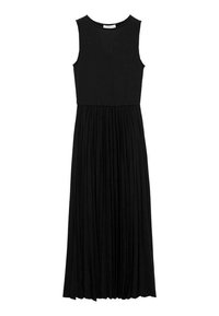 Schwarzes ärmelloses Kleid mit tailliertem Oberteil und plissiertem Rock, aus strukturiertem Stoff, mit runden Ausschnitt und komplettem Design.