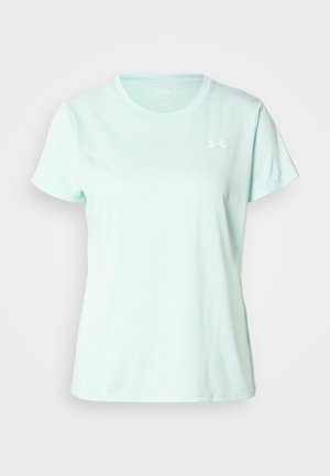 Hele mintrohelise värvusega lühikeste varrukatega T-särk, ümar kaelus, sile kangas, vasakul rinnal valge logo, lõdvalt istuv lõige.