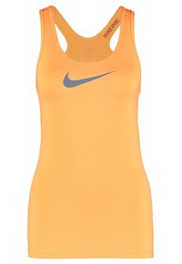 Débardeur de sport orange Nike Pro sans manches avec une coupe dos nageur et le logo Nike Swoosh gris au centre devant.