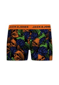 Un caleçon avec une base noire orné d'un imprimé vibrant de têtes de mort orange, de roses bleues et de feuilles vertes, rehaussé d'un waistband orange.