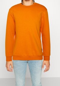 Felpa arancione con classico scollo rotondo, polsini e orlo a coste, realizzata in morbido cotone. Indossata con jeans azzurri.