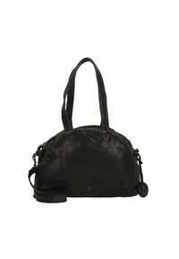 Zwarte leren handtas met een ronde vorm, dubbele handgrepen bovenaan en een afneembare schouderriem. Bevat een rits en een decoratieve charm.