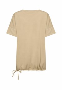 Khaki oversized tričko s krátkými rukávy, nařasený lem s šňůrkou a měkký bavlněný materiál. Hladký povrch a jednoduchý design.