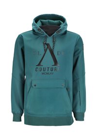 Blauwgroene capuchontrui met zwarte koordjes, voorzak met drukknopen en zwarte logotekst "SLADE COUTURE MCMLXV" op de borst.