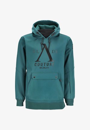 Grønblå hættetrøje med sorte snore, forlomse med trykknapper og sort logotekst "SLADE COUTURE MCMLXV" på brystet.