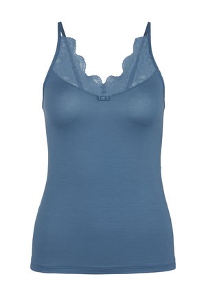 Top blu con pizzo sul colletto, spalline regolabili e un design aderente. Texture morbida con una finitura senza cuciture.