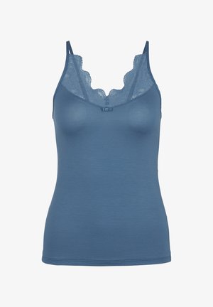 Top blu con pizzo sul colletto, spalline regolabili e un design aderente. Texture morbida con una finitura senza cuciture.