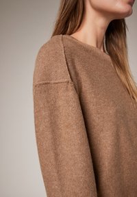 Bruine gebreide trui met een ronde hals, verlaagde schouders en een zachte textuur. Naaddetails zorgen voor visuele interesse.