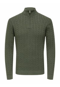 Pull olive en tricot avec un col montant, fermeture à glissière et motif en maille torsadée texturée. Manches longues avec bords-côtes aux poignets et à l'ourlet.