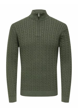 Olijfgroen pullovertrui met een hoge kraag, ritssluiting en een gestructureerd kabelbreipatroon. Lange mouwen met ribgebreide boorden en zoom.