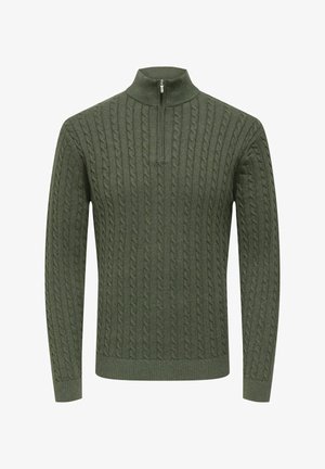 Olive green pullover sweater with a high collar, zip closure, and textured cable knit pattern. Long sleeves with ribbed cuffs and hem.