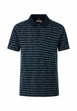 Kortærmet marineblå poloshirt med vandrette lyseblå striber og tre knapper på knapperækken.