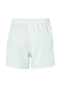 Witte sportshorts van glad, lichtgewicht materiaal, met een elastische tailleband en een eenvoudig, onopgesmukt ontwerp.