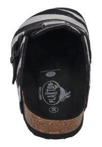 Black and white striped felt clog with a cork sole, featuring a flat design, a rear strap, and memory cushioning inside. Size 38.