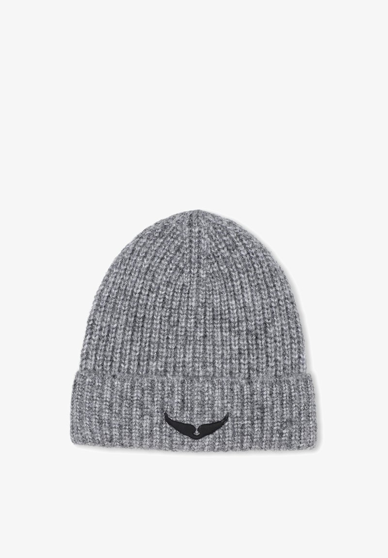 Gray knitted beanie with a ribbed texture and a folded cuff. Features a small black logo accent on the front.