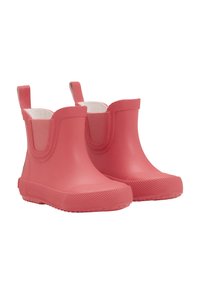 Rosa Gummistiefel bis zur Knöchel mit elastischen Seitenpaneelen, strukturierten Sohlen und Zuglaschen für einfaches Anziehen. Glatte Oberfläche mit matter Optik.