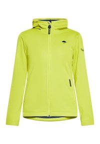 Felpa con zip verde lime in tessuto strutturato, cappuccio regolabile con cordino e logo a forma di ombrello sul petto. Presenta due tasche laterali.