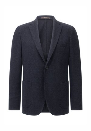 Mornarsko modro sivo oprijeto srajčno jakno iz teksturiranega blaga, z dvojnim gumbnim zapiranjem, izrezanimi reverji in dvema žepoma spredaj ter podrobnostjo prsnega žepa.