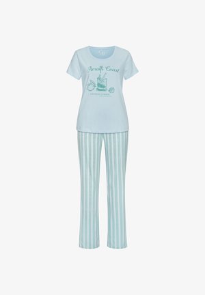 Himmelblaues Pyjama-Set mit einem Kurzarm-Oberteil mit "Amalfi Coast"-Druck und gestreiften Hosen mit abwechselnden hellblauen und weißen Streifen.