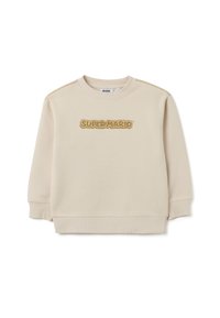 Sudadera beige con cuello redondo, logo bordado "SUPER MARIO" en dorado. Presenta puños y dobladillo acanalados, fabricada con material suave.