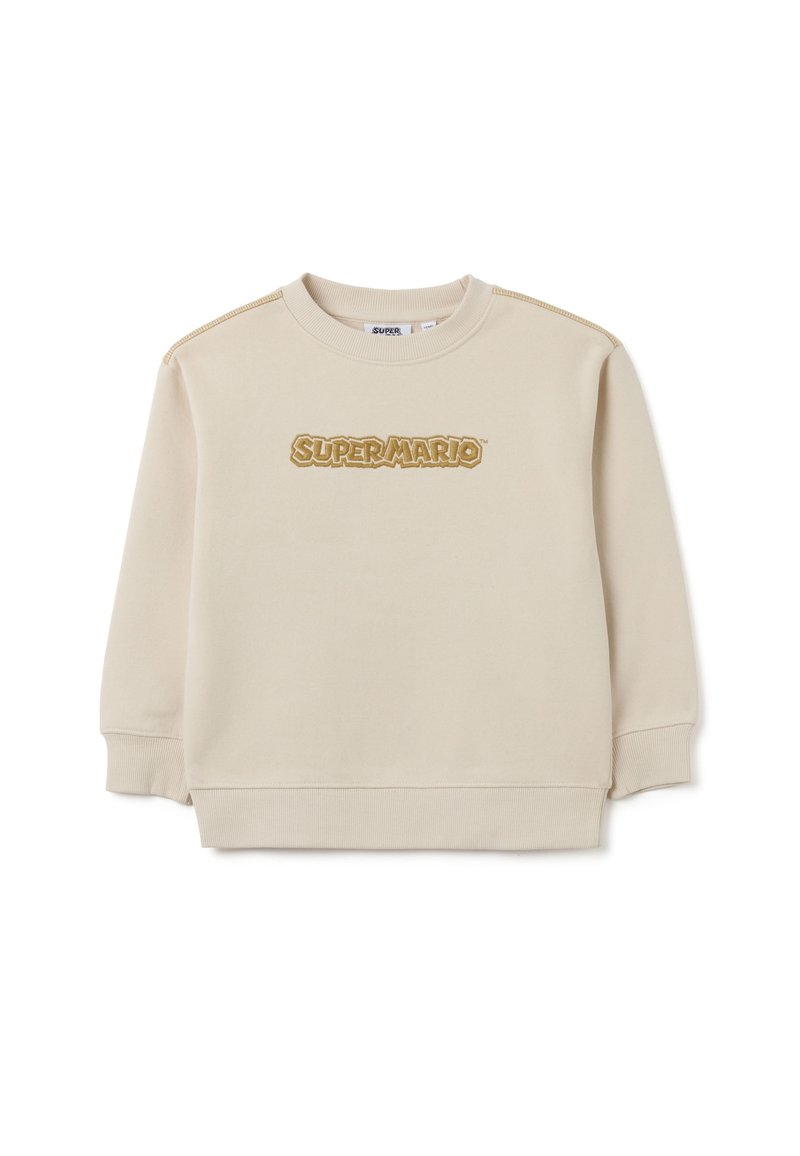 Sudadera beige con cuello redondo, logo bordado "SUPER MARIO" en dorado. Presenta puños y dobladillo acanalados, fabricada con material suave.