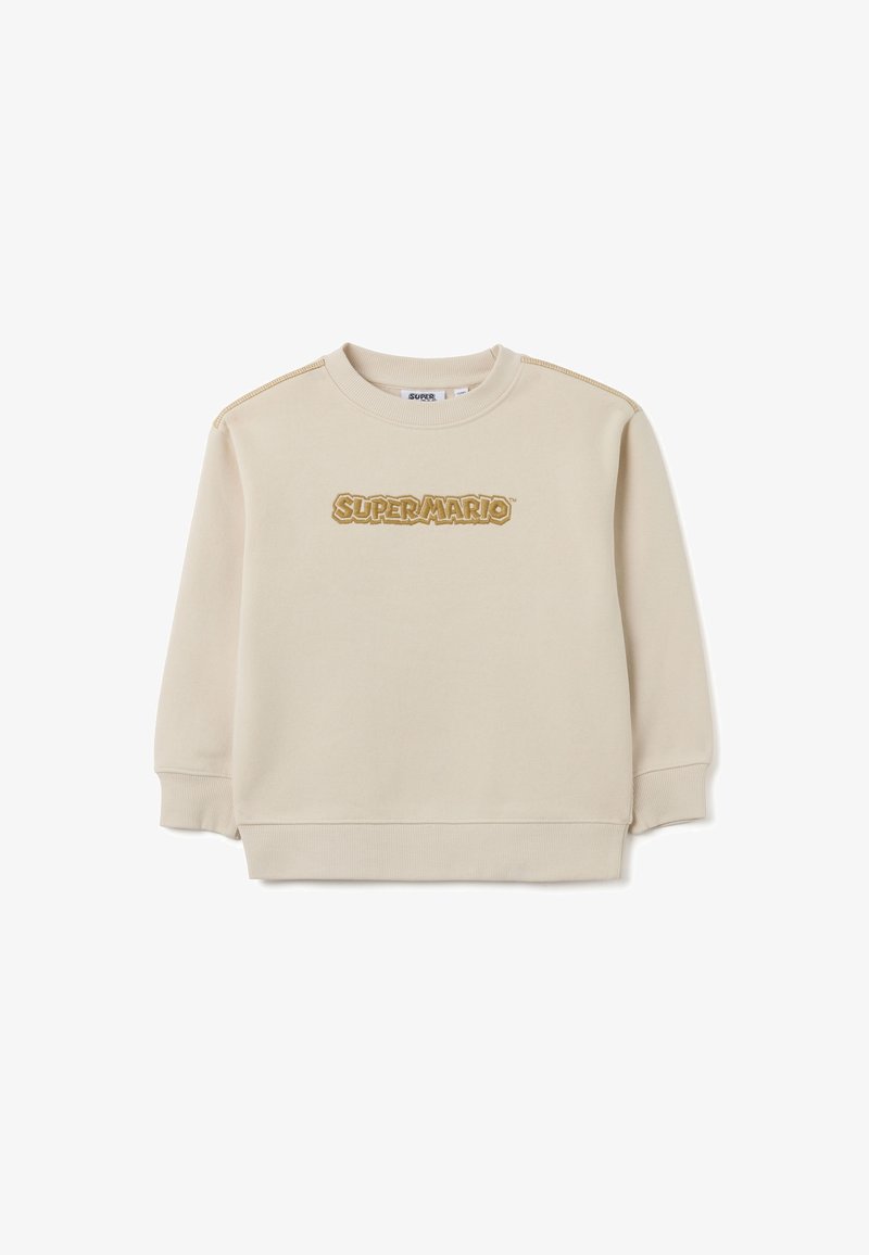 Sudadera beige con cuello redondo, logo bordado "SUPER MARIO" en dorado. Presenta puños y dobladillo acanalados, fabricada con material suave.