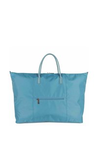 Grand sac fourre-tout en tissu bleu avec deux poignées robustes, une poche avant zippée et une texture lisse. Design simple et intérieur spacieux.