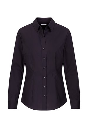 Black long-sleeve women's fitted button-up shirt with collar and seam details on sides, displayed on a white background.
