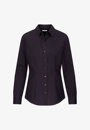 Black long-sleeve women's fitted button-up shirt with collar and seam details on sides, displayed on a white background.