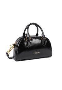 Sac à main en cuir noir à forme arrondie, avec deux poignées supérieures, une bandoulière amovible, des accents dorés et le logo "LANCASTER PARIS" en relief sur le devant.