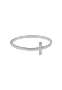 Sølv armring med et tynt sirkulært design og et lite sentralt kors. Glatt tekstur med en polert metallisk finish.