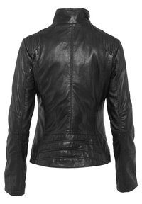 Schwarze Lederjacke mit Stehkragen, gerippten Akzenten an den Schultern und gesteppten Details entlang der Nähte und am Rücken.