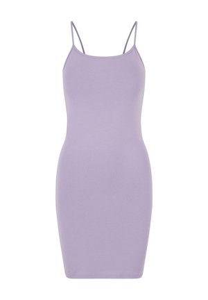 Abito bodycon lilla realizzato in tessuto morbido ed elasticizzato. Caratterizzato da sottili spalline e una silhouette aderente, con una consistenza liscia su tutta la superficie.