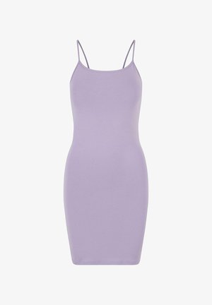 Liilan värinen tiukka mekko, joka on valmistettu pehmeästä, joustavasta kankaasta. Siinä on ohuet spagettiolkaimet ja istuva siluetti, sekä sileä pinta koko matkalta.